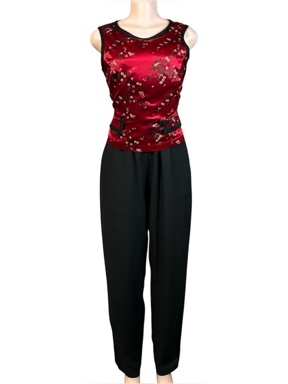 Vtg Cherry Blossom Jumpsuit Womens SZ M Red Black Brocade Wide Leg Y2K USA